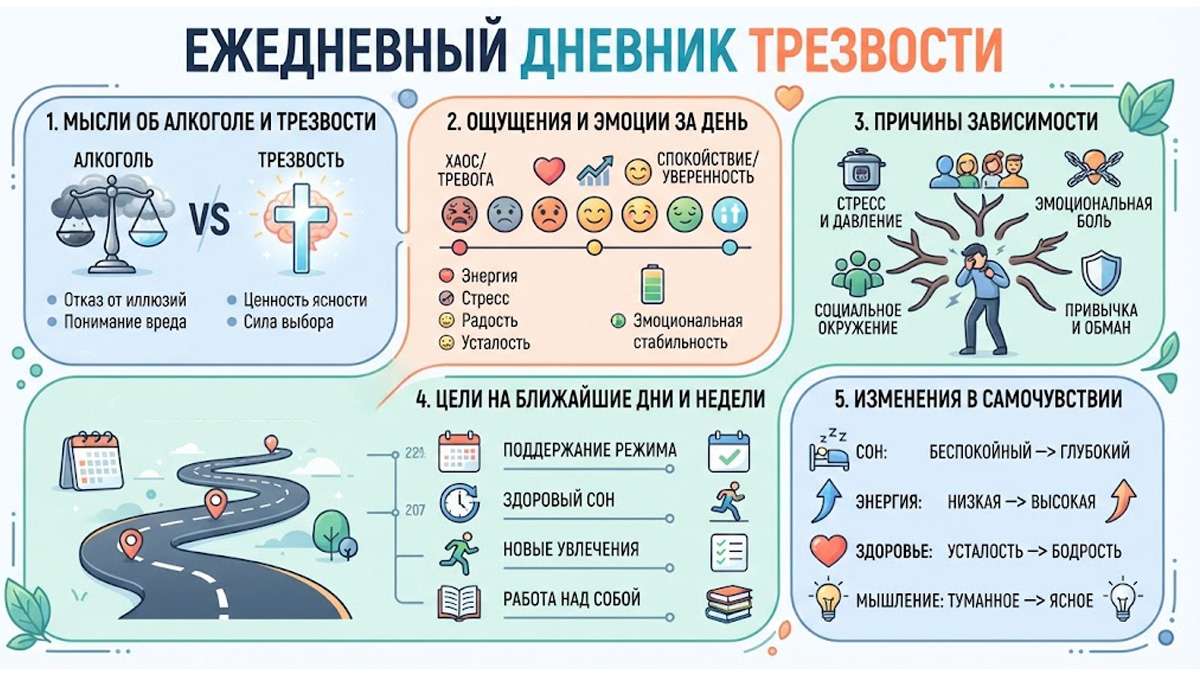 Ежедневный дневник трезвости — Инфографика самоанализа. Инфографика в виде дневника трезвости с пятью разделами.