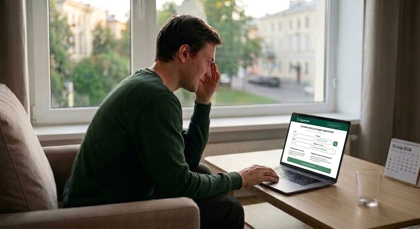 Оформление дистанционного приема в клинике Мужчина заполняет форму на сайте клиники для записи на онлайн-консультацию нарколога