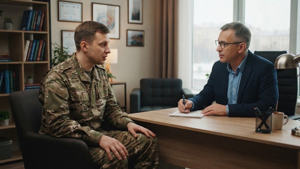 Реабилитация участников специальной военной операции. Психиатр проводит консультацию для военнослужащего в современном кабинете.
