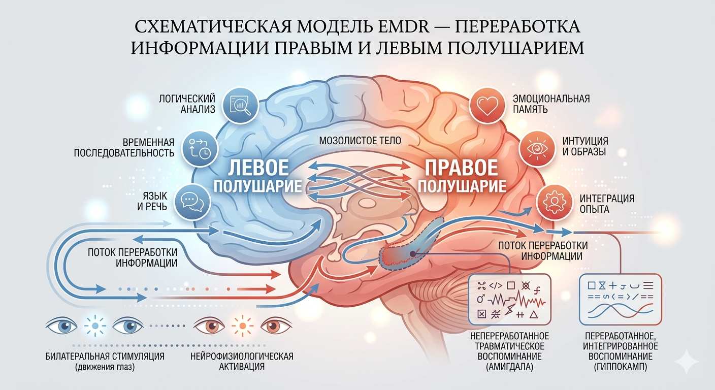 Механизм нейрофизиологической активации при терапии ПТСР методом EMDR Схематическая модель метода EMDR: процесс билатеральной стимуляции и переработки травматического опыта правым и левым полушариями мозга.