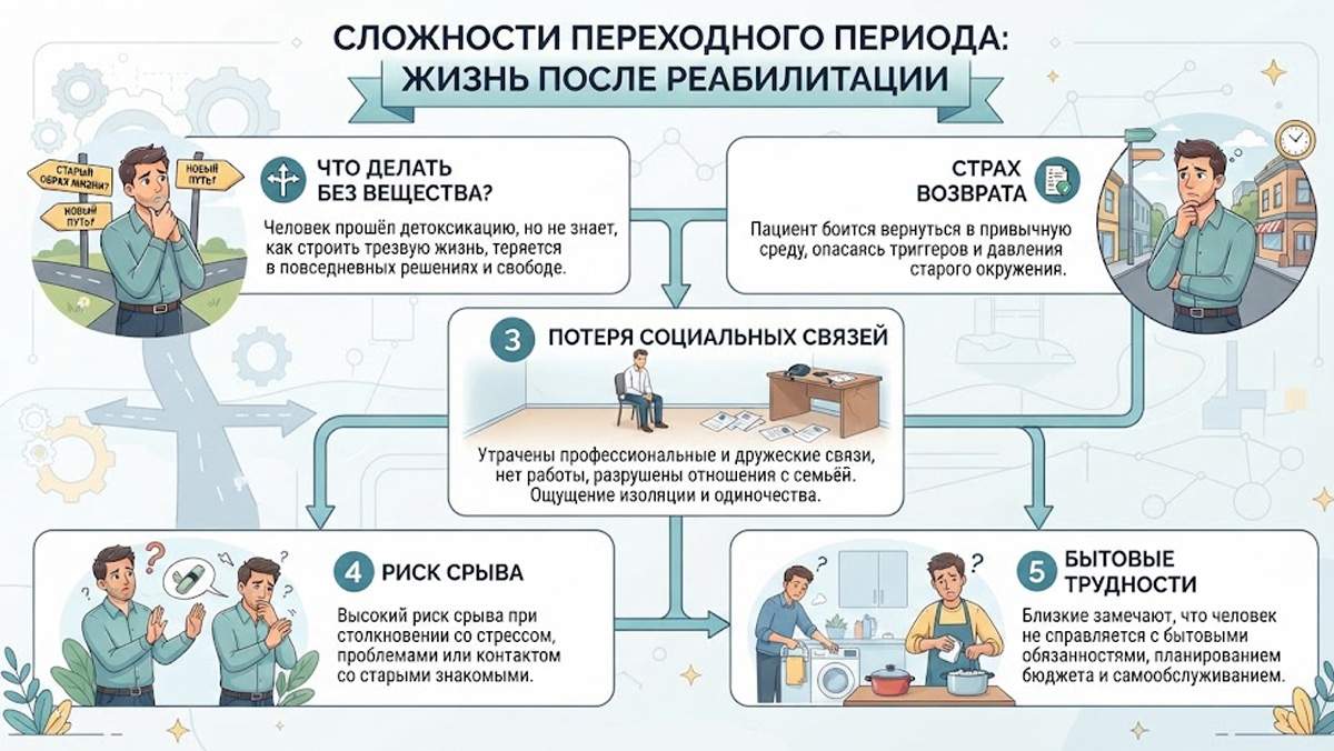 Сложности переходного периода: жизнь после реабилитации. Инфографика, отображающая трудности после реабилитации.